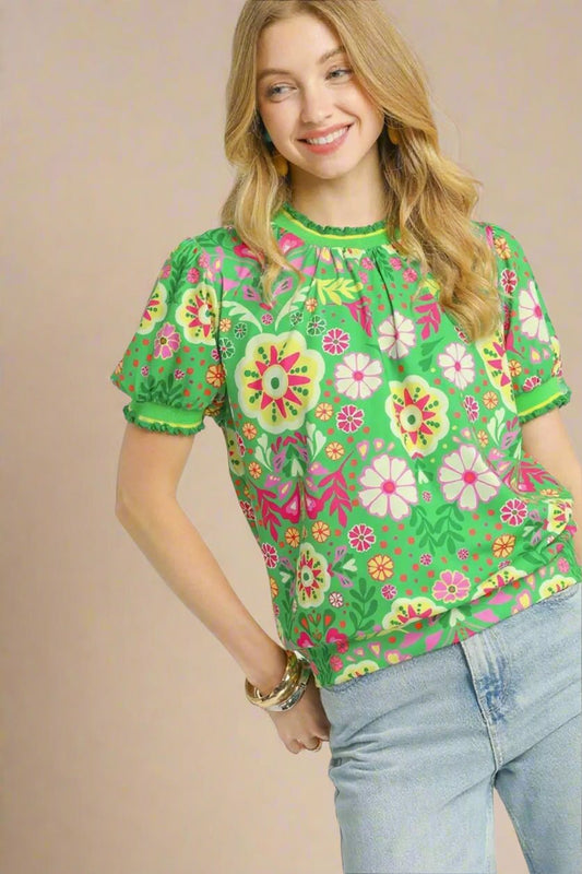 UMGEE - Bright Kelly Green Floral Puff Sleeve Top