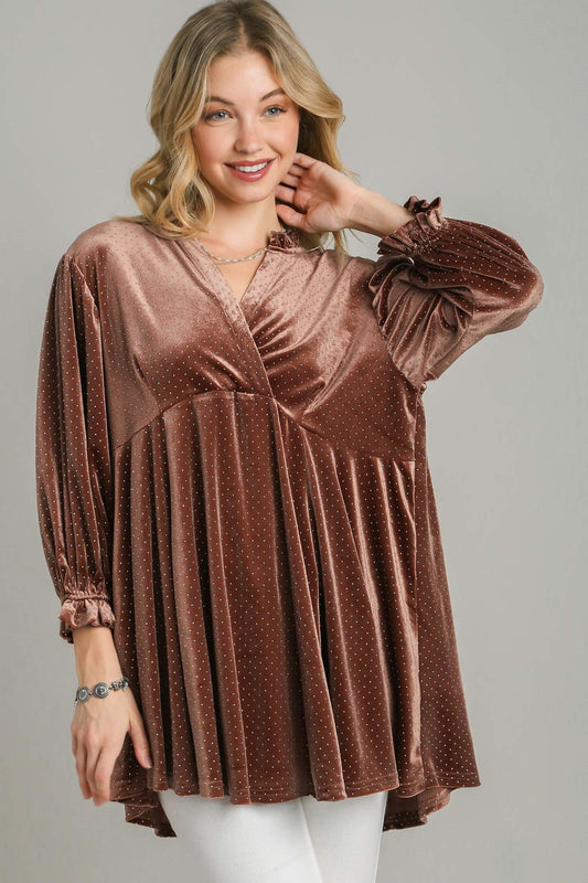 UMGEE - Brown Beaded Velvet Babydoll Blouse