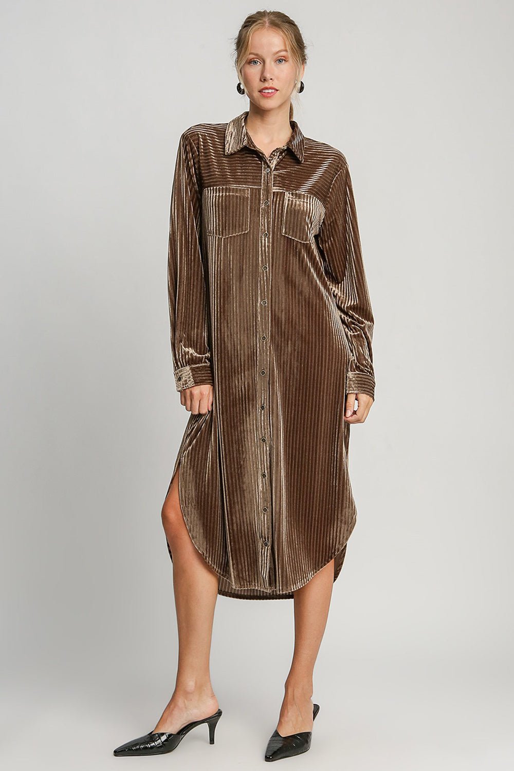 UMGEE - Brown Jacquard Stripe Velour Midi Shirt Dress