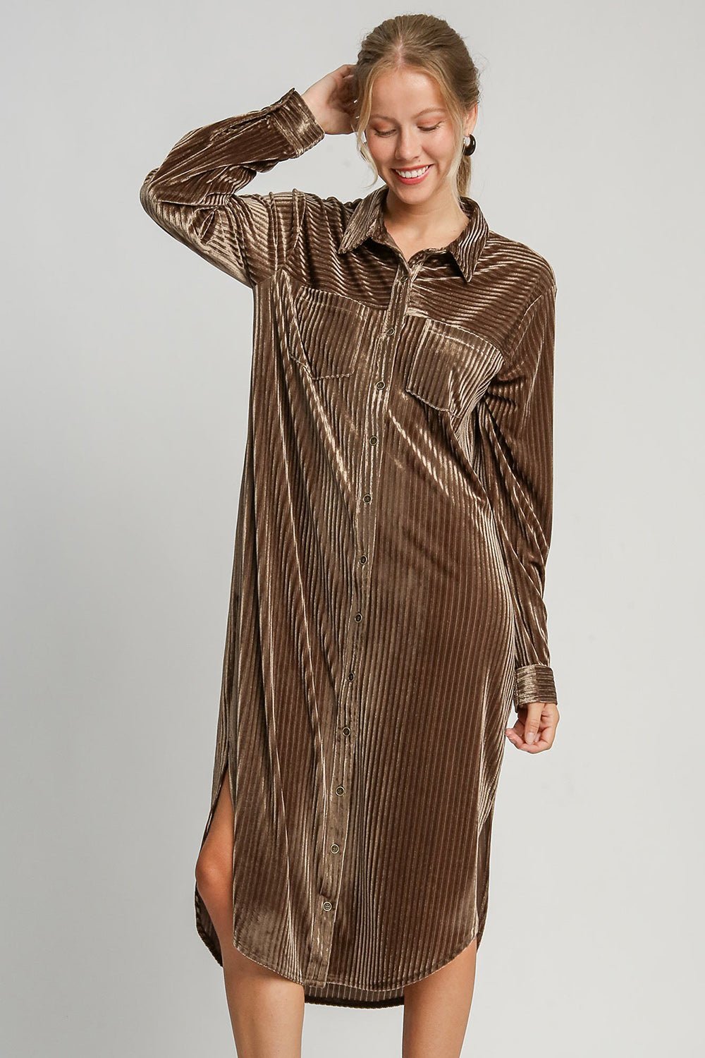 UMGEE - Brown Jacquard Stripe Velour Midi Shirt Dress