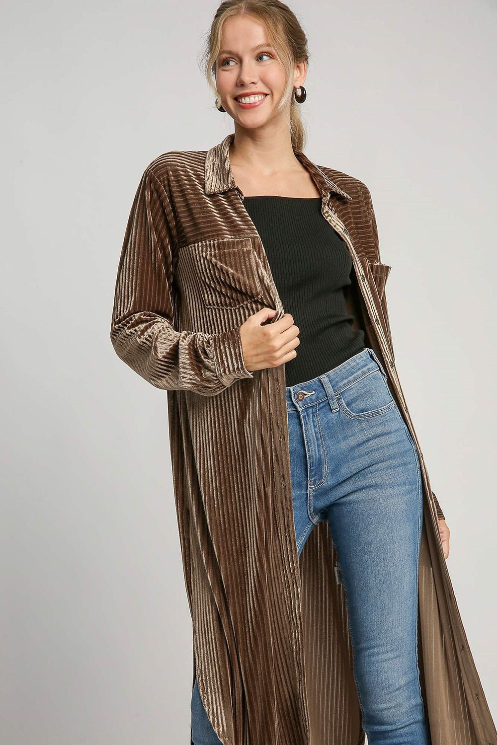 UMGEE - Brown Jacquard Stripe Velour Midi Shirt Dress