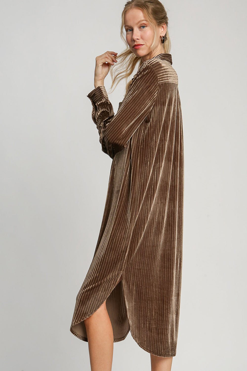 UMGEE - Brown Jacquard Stripe Velour Midi Shirt Dress