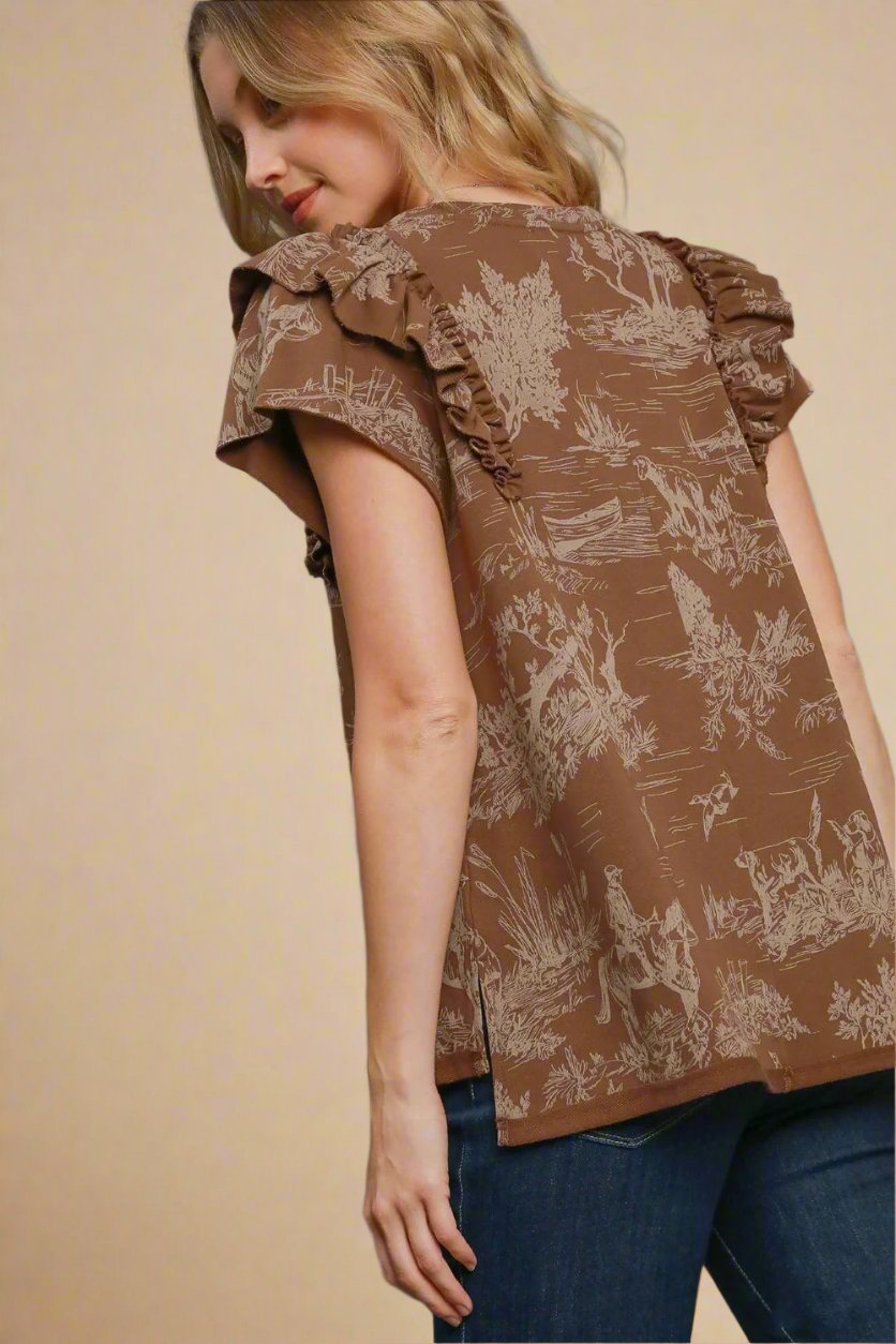 UMGEE - Brown Ruffled Short Sleeve French Terry Top