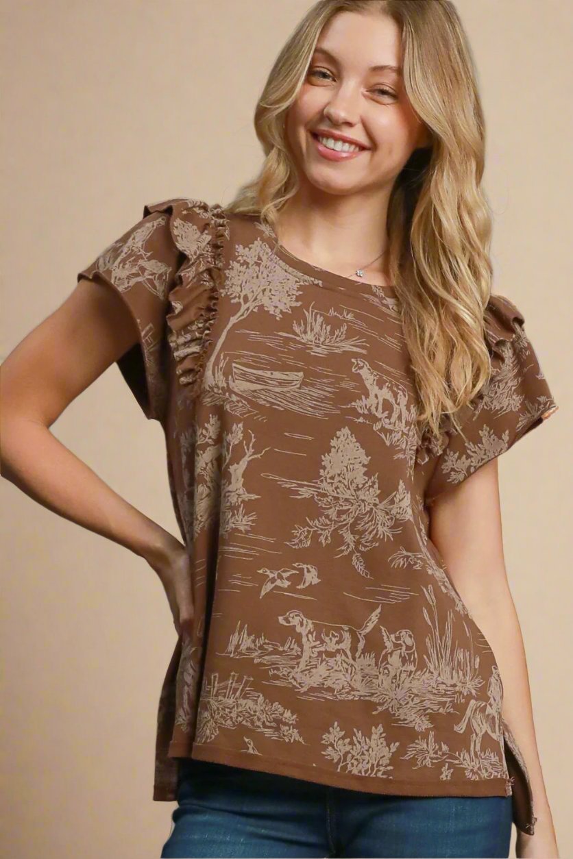 UMGEE - Brown Ruffled Short Sleeve French Terry Top