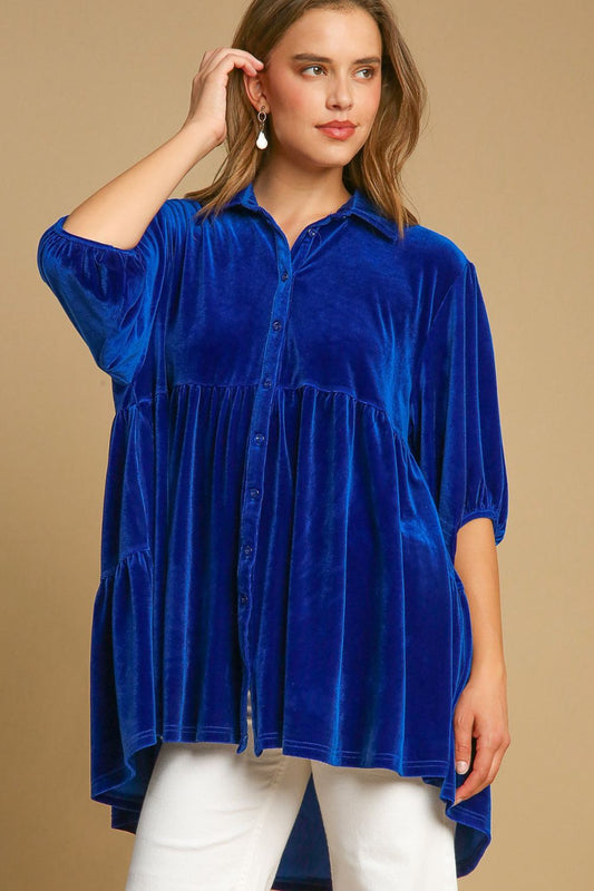 UMGEE - Button Down High Low Hem Velvet Tunic Top in Sapphire