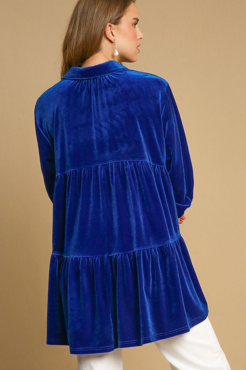 UMGEE - Button Down High Low Hem Velvet Tunic Top in Sapphire