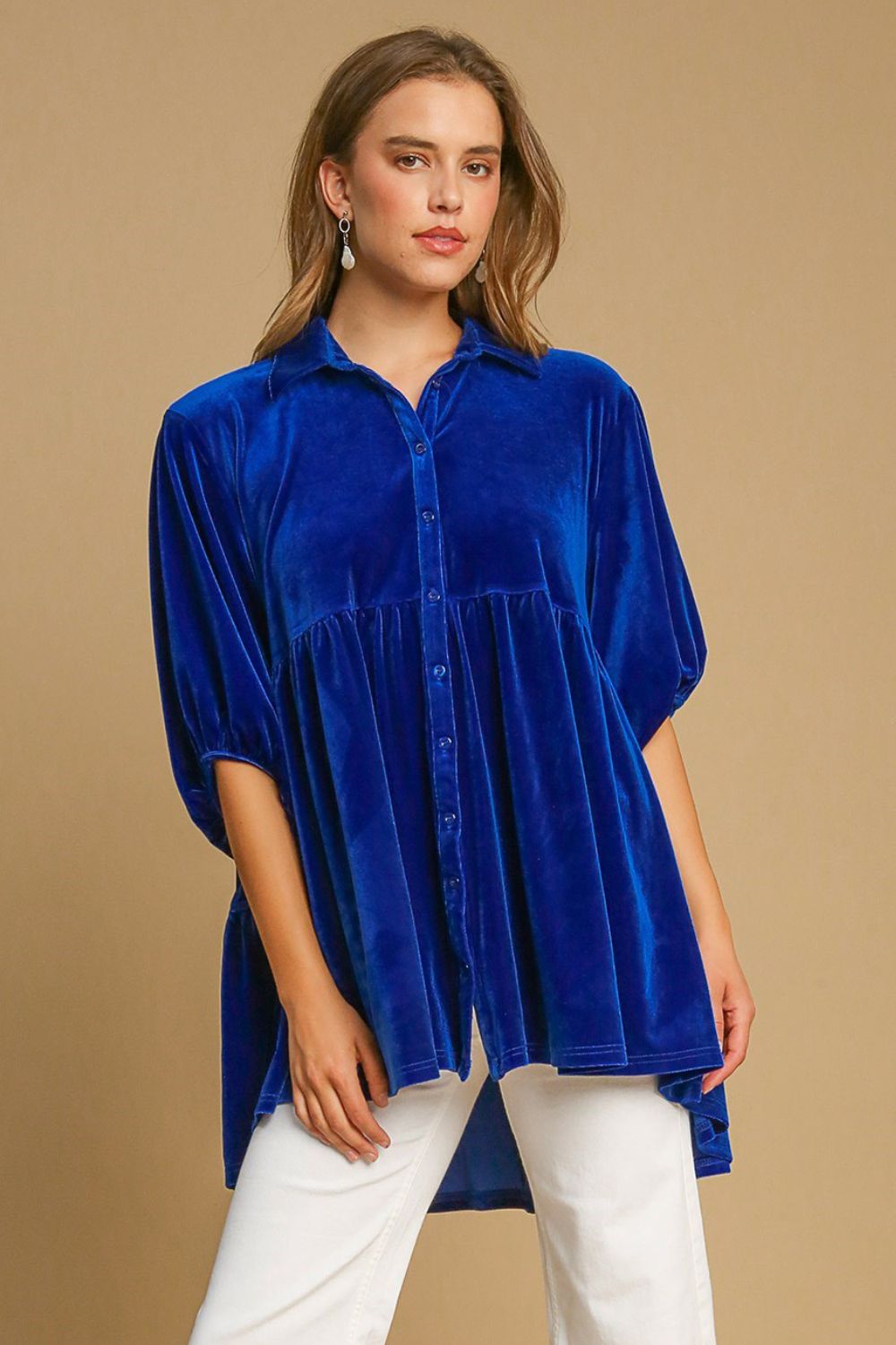 UMGEE - Button Down High Low Hem Velvet Tunic Top in Sapphire