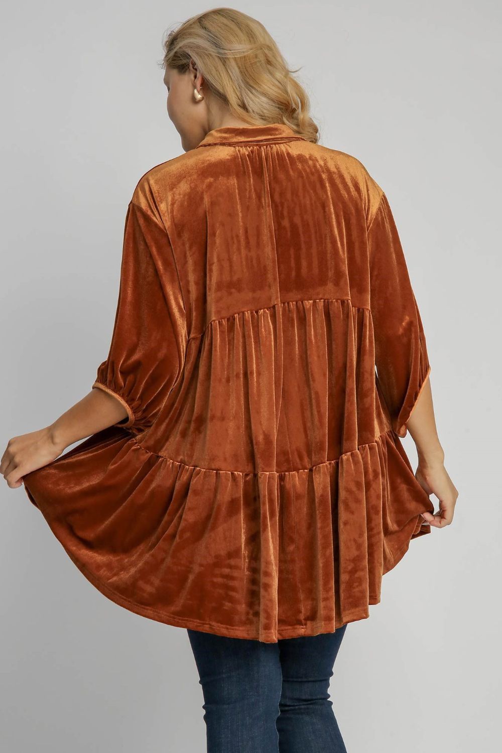 UMGEE - Button Down High Low Hem Velvet Tunic Top in Terracotta