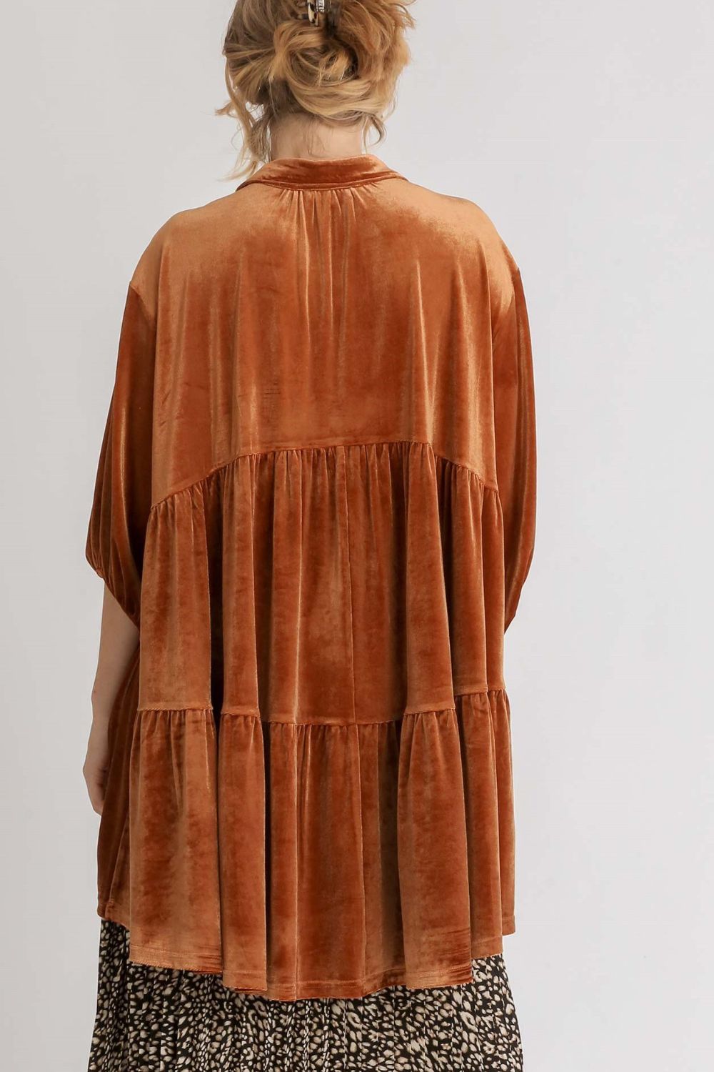 UMGEE - Button Down High Low Hem Velvet Tunic Top in Terracotta