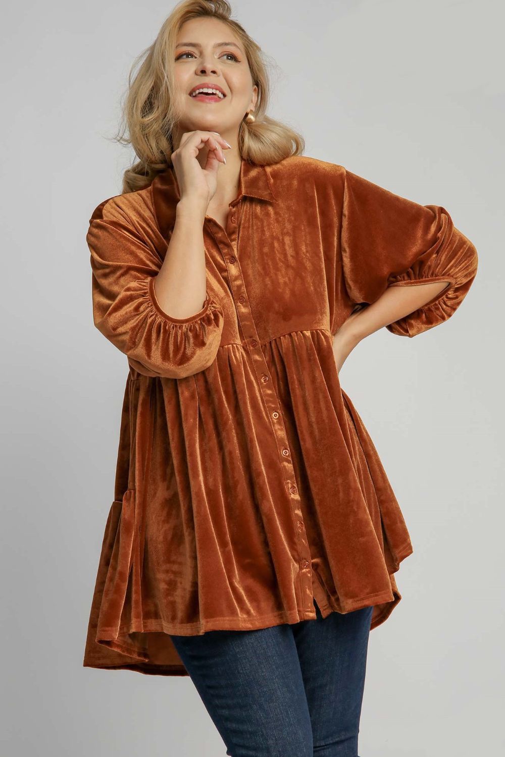 UMGEE - Button Down High Low Hem Velvet Tunic Top in Terracotta