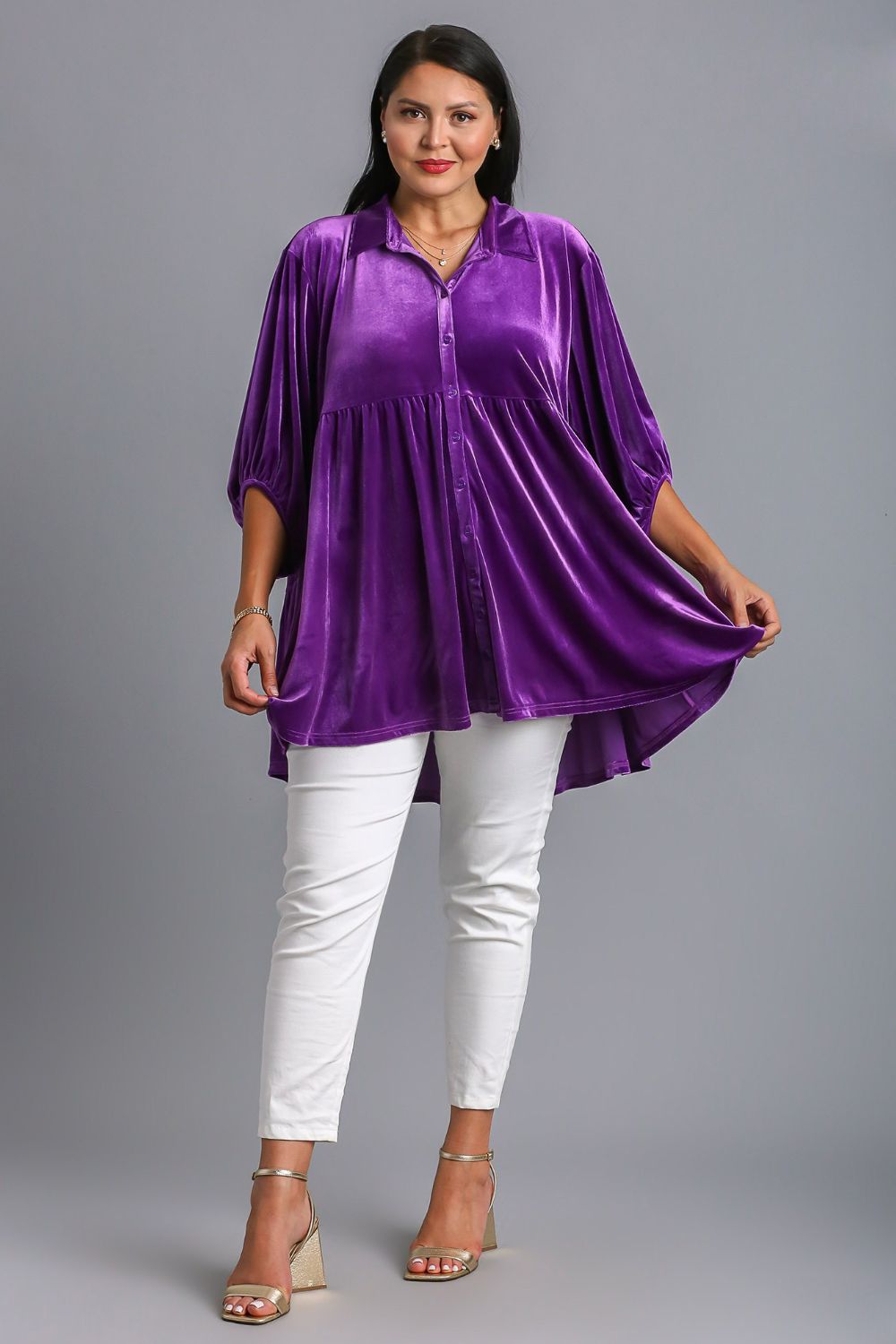 UMGEE - Button Down High Low Hem Velvet Tunic Top in Violet