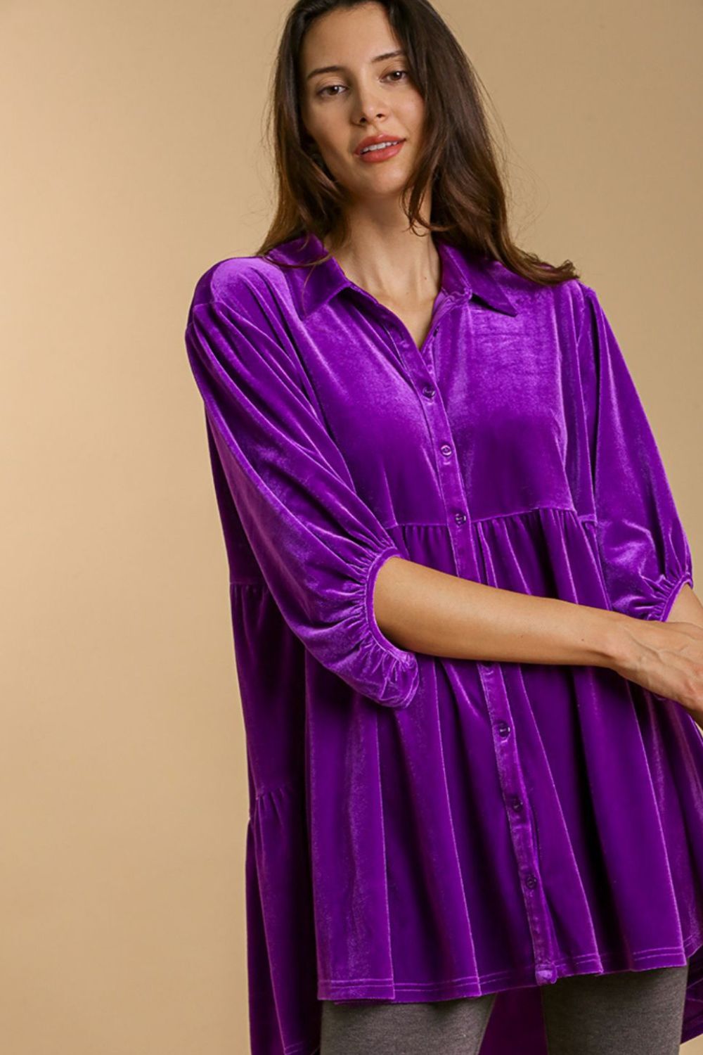 UMGEE - Button Down High Low Hem Velvet Tunic Top in Violet