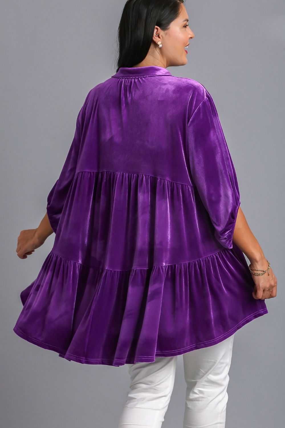 UMGEE - Button Down High Low Hem Velvet Tunic Top in Violet