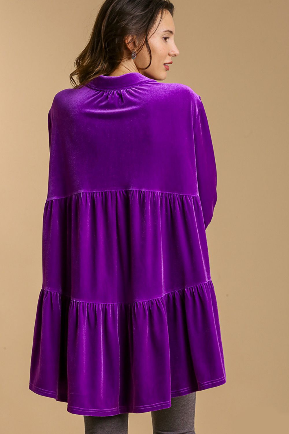 UMGEE - Button Down High Low Hem Velvet Tunic Top in Violet