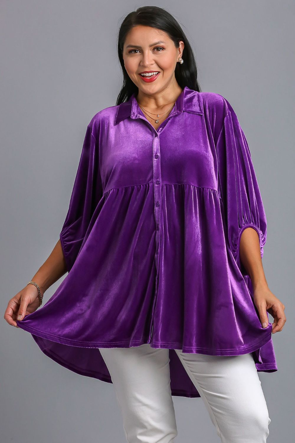 UMGEE - Button Down High Low Hem Velvet Tunic Top in Violet