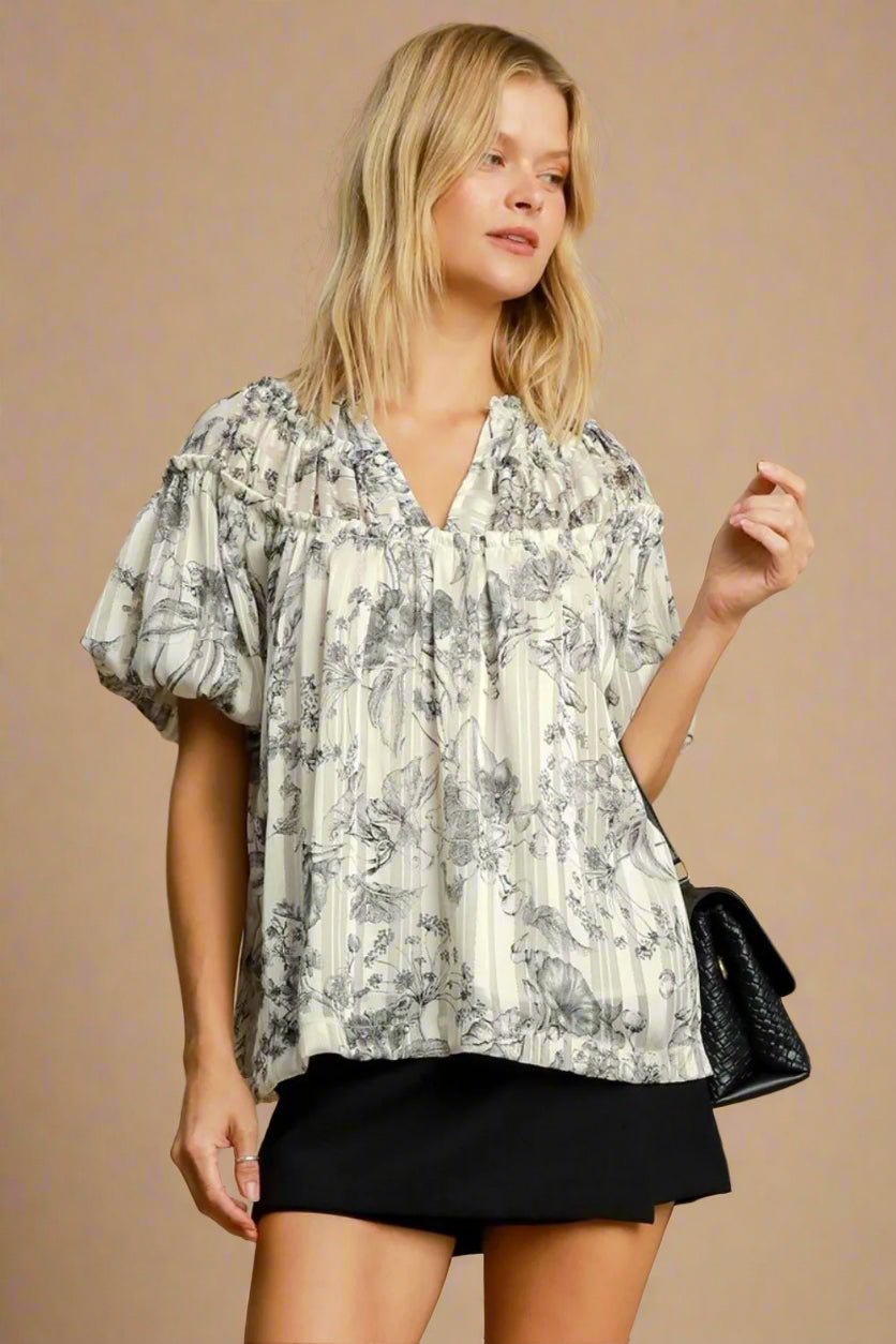 UMGEE - Charcoal Floral Stripe Puff Sleeve Blouse