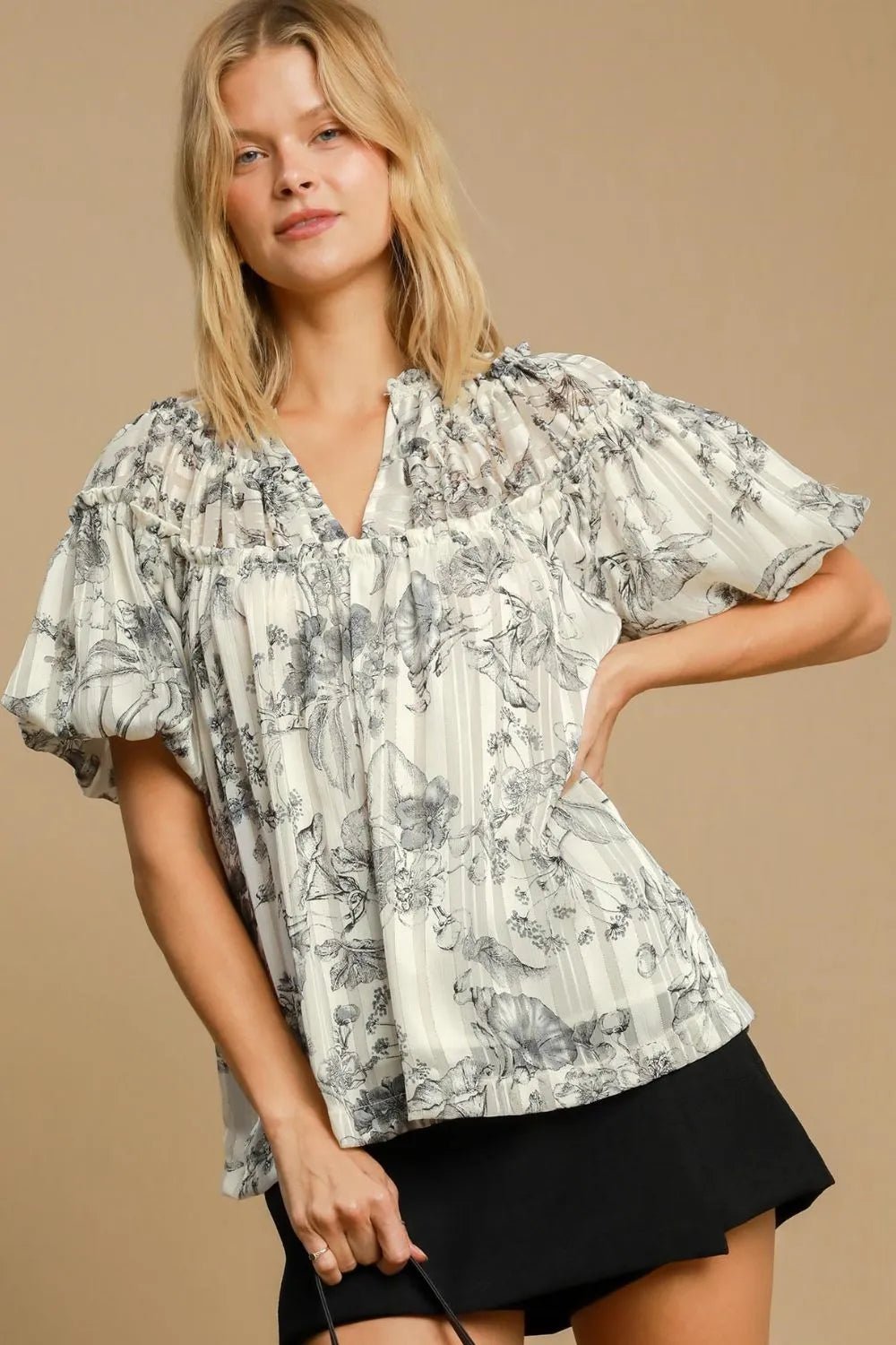 UMGEE - Charcoal Floral Stripe Puff Sleeve Blouse