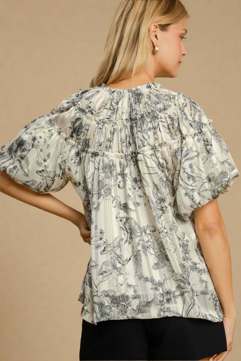 UMGEE - Charcoal Floral Stripe Puff Sleeve Blouse