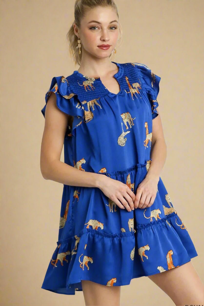 UMGEE - Cobalt Blue Cheetah Print Ruffle Mini Dress