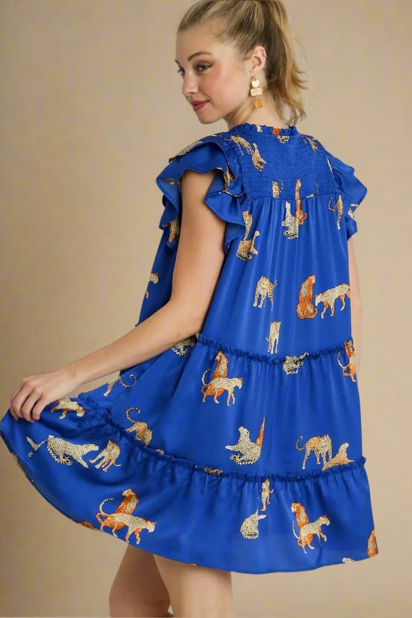 UMGEE - Cobalt Blue Cheetah Print Ruffle Mini Dress