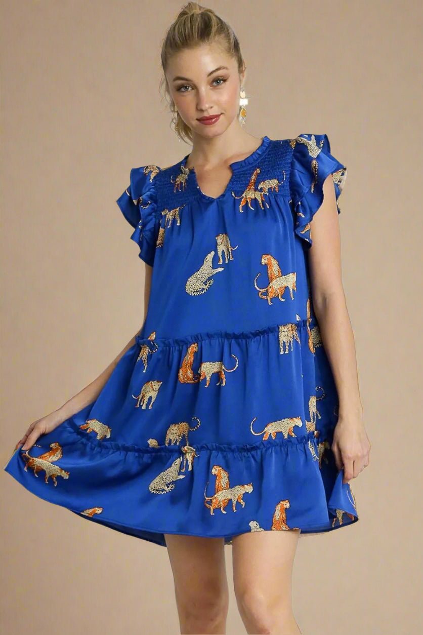 UMGEE - Cobalt Blue Cheetah Print Ruffle Mini Dress