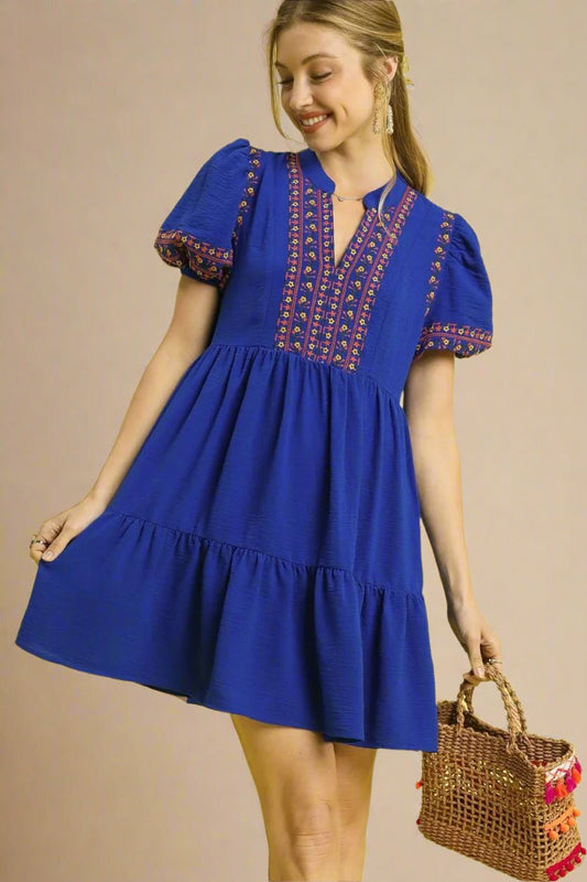 UMGEE - Cobalt Blue Embroidered Puff Sleeve Babydoll Mini Dress