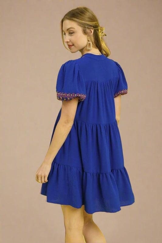 UMGEE - Cobalt Blue Embroidered Puff Sleeve Babydoll Mini Dress