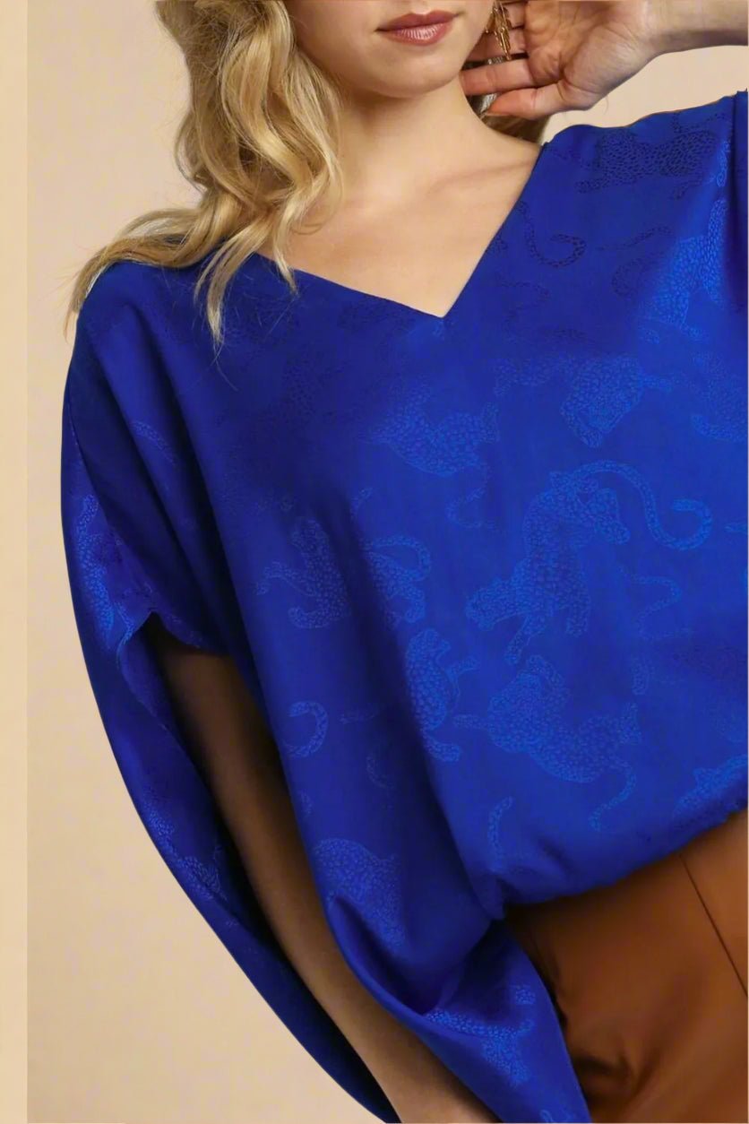 UMGEE - Cobalt Leopard Jacquard V - Neck Top