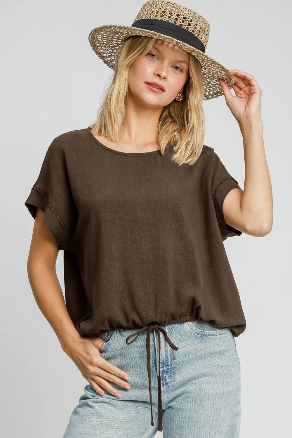 UMGEE - Coffee Brown Drawstring Hem Short Sleeve T-Shirt