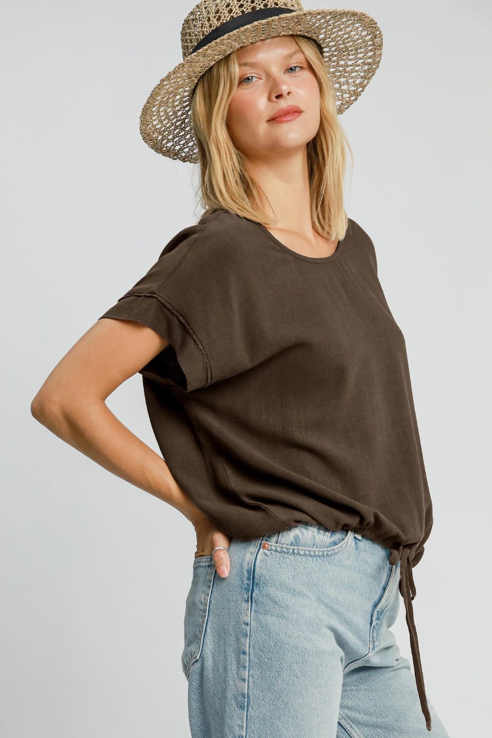 UMGEE - Coffee Brown Drawstring Hem Short Sleeve T-Shirt