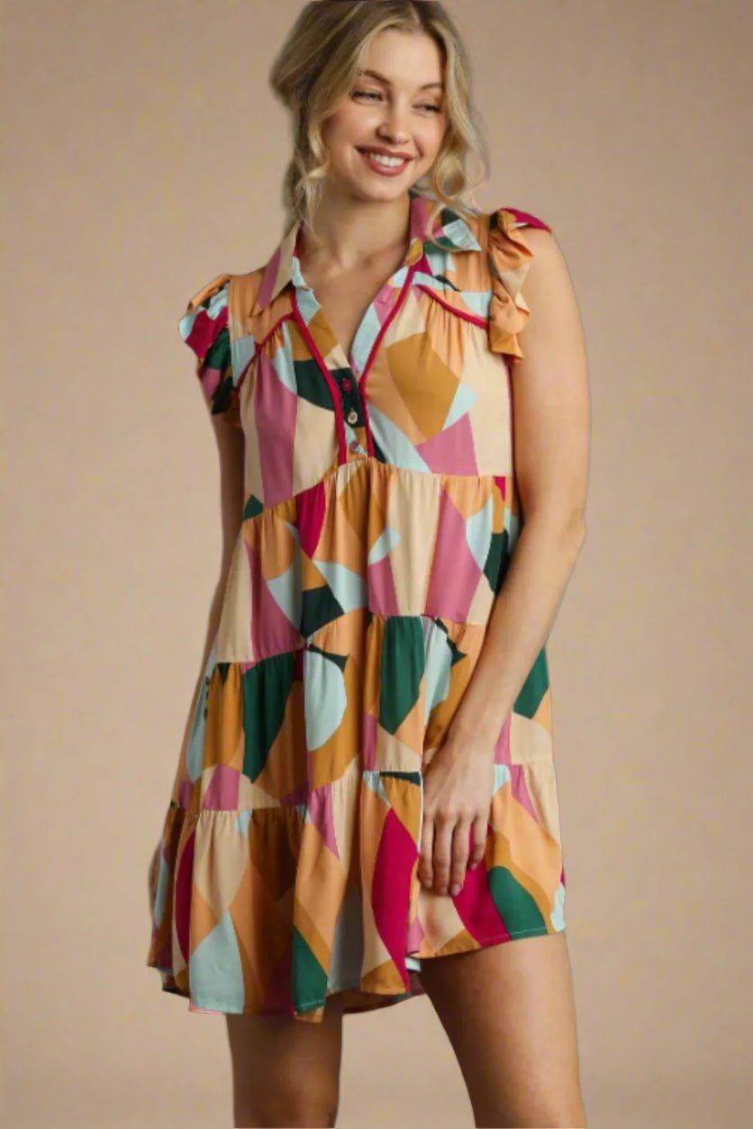 UMGEE - Colorblock Multi Ruffle Sleeve Mini Dress