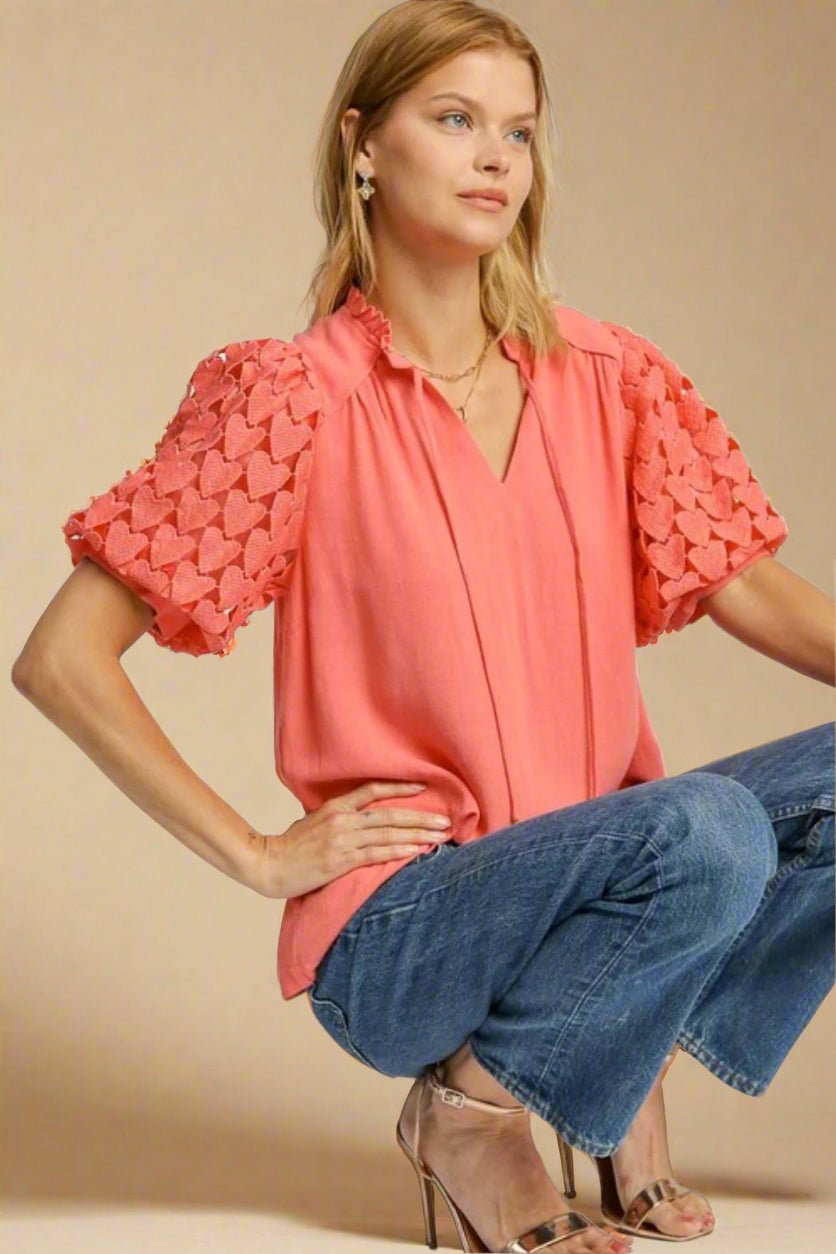 UMGEE - Coral Puff Sleeve Heart Lace Top