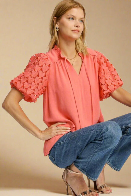 UMGEE - Coral Puff Sleeve Heart Lace Top