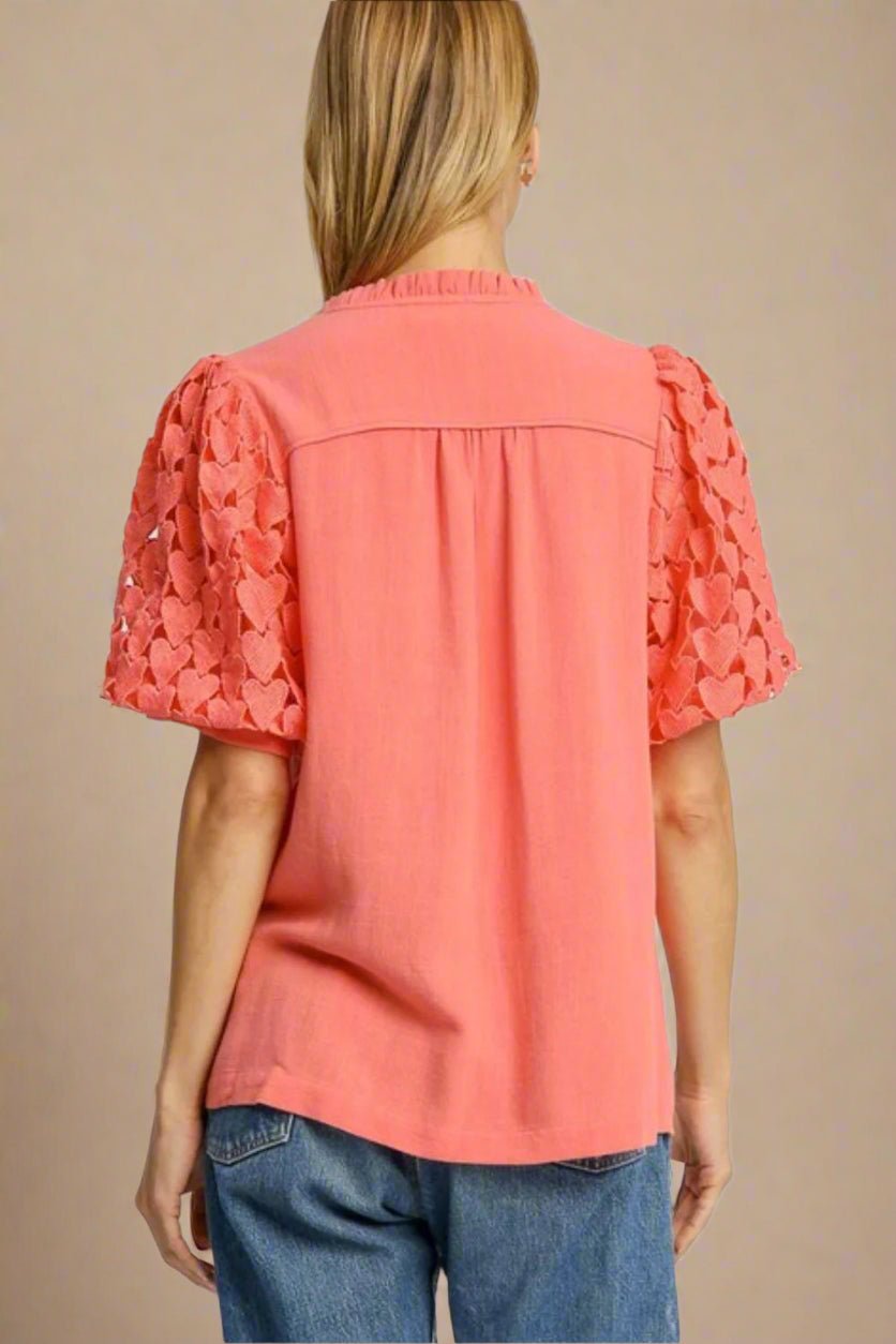 UMGEE - Coral Puff Sleeve Heart Lace Top