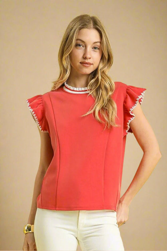 UMGEE - Coral Ruffle Sleeve Contrast Trim Top