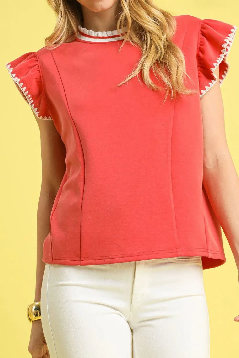 UMGEE - Coral Ruffle Sleeve Contrast Trim Top