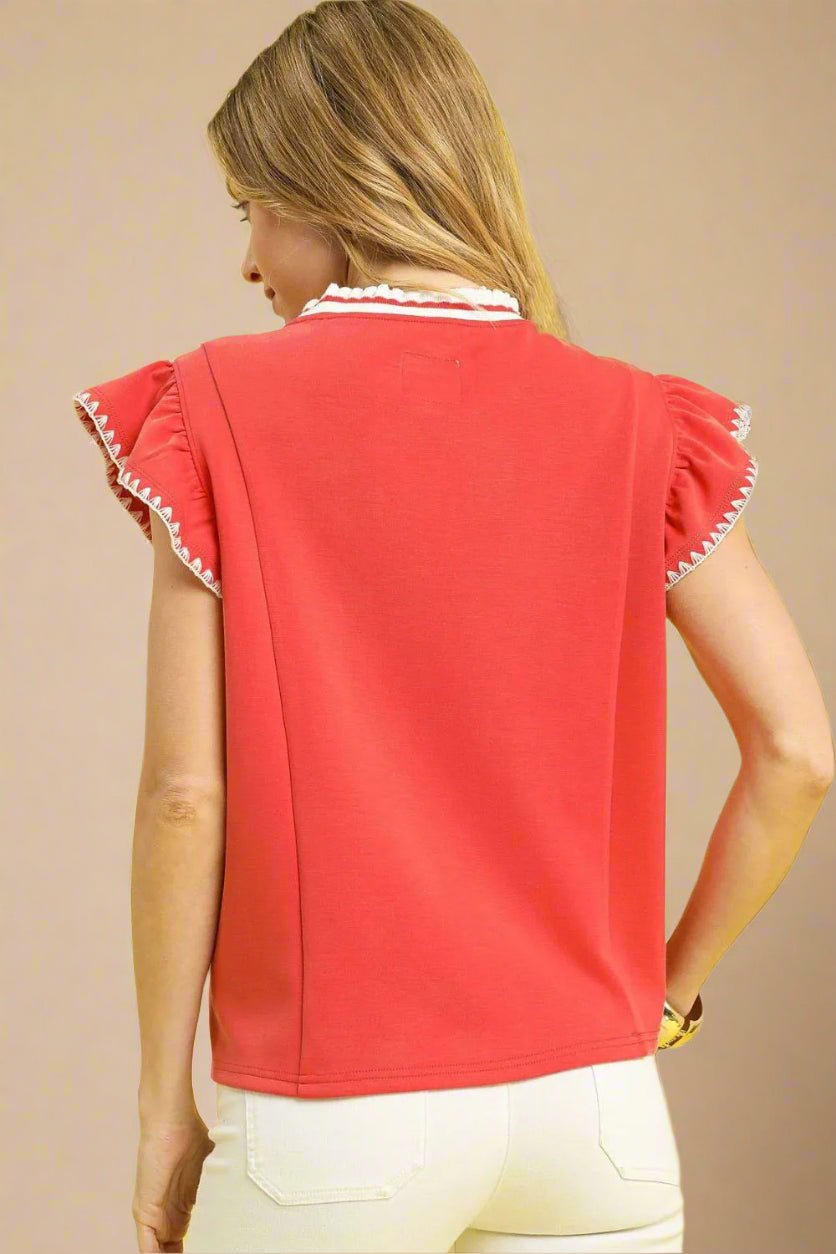 UMGEE - Coral Ruffle Sleeve Contrast Trim Top