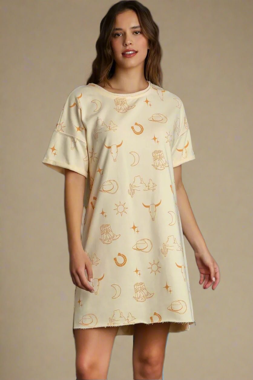 UMGEE - Cream Graphic Mini Tee Dress in Western Print