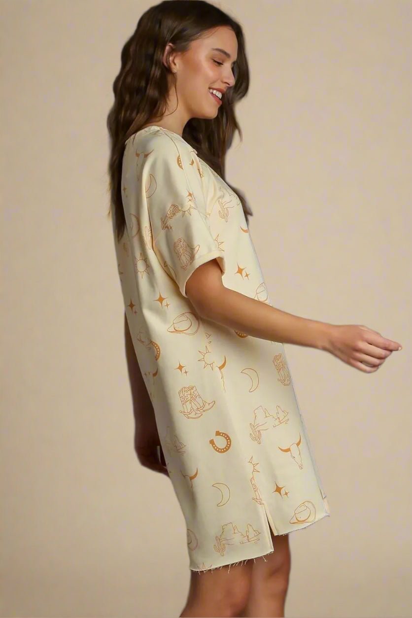 UMGEE - Cream Graphic Mini Tee Dress in Western Print