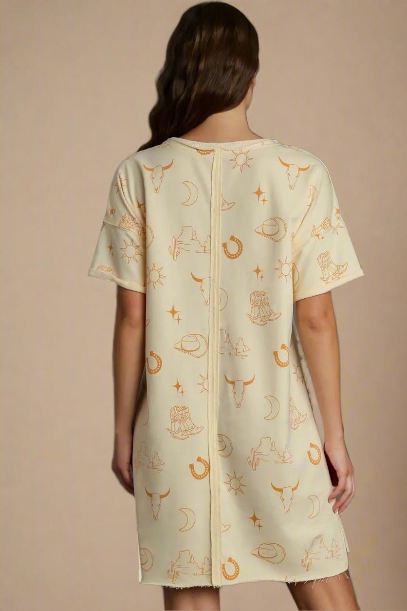 UMGEE - Cream Graphic Mini Tee Dress in Western Print