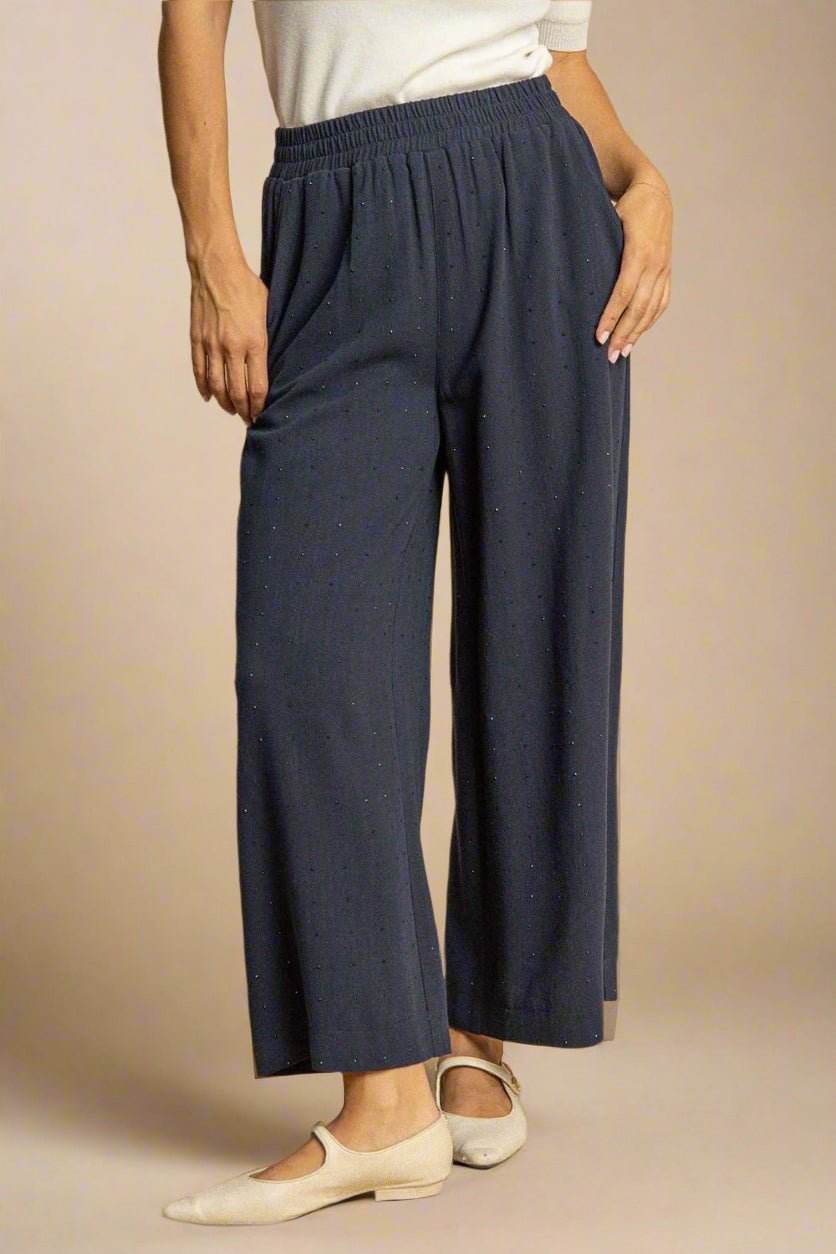 UMGEE - Dark Blue Rhinestone Wide - Leg Pants