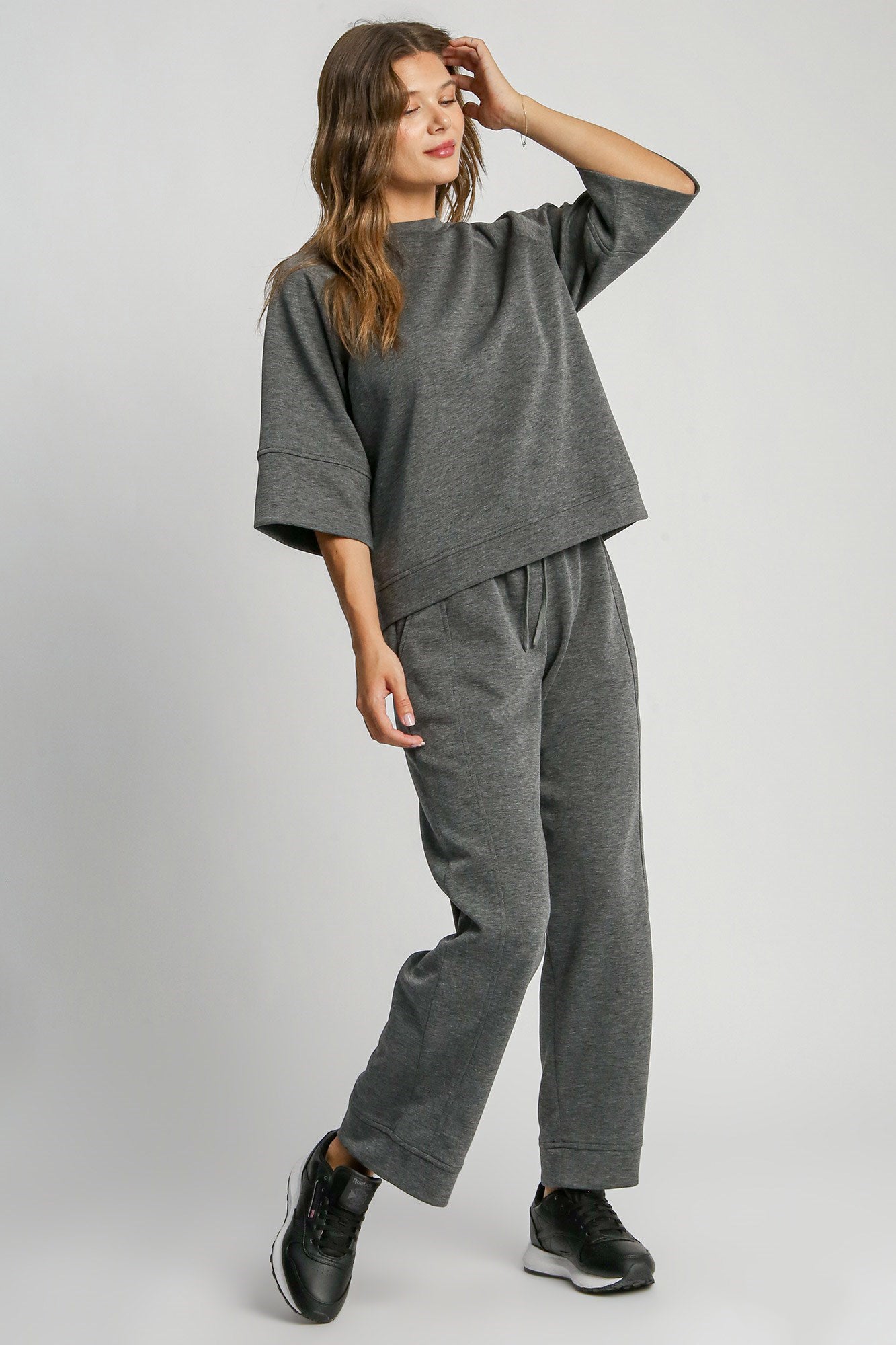 UMGEE - Dark Gray Drawstring Waist Wide Leg Athleisure Pants