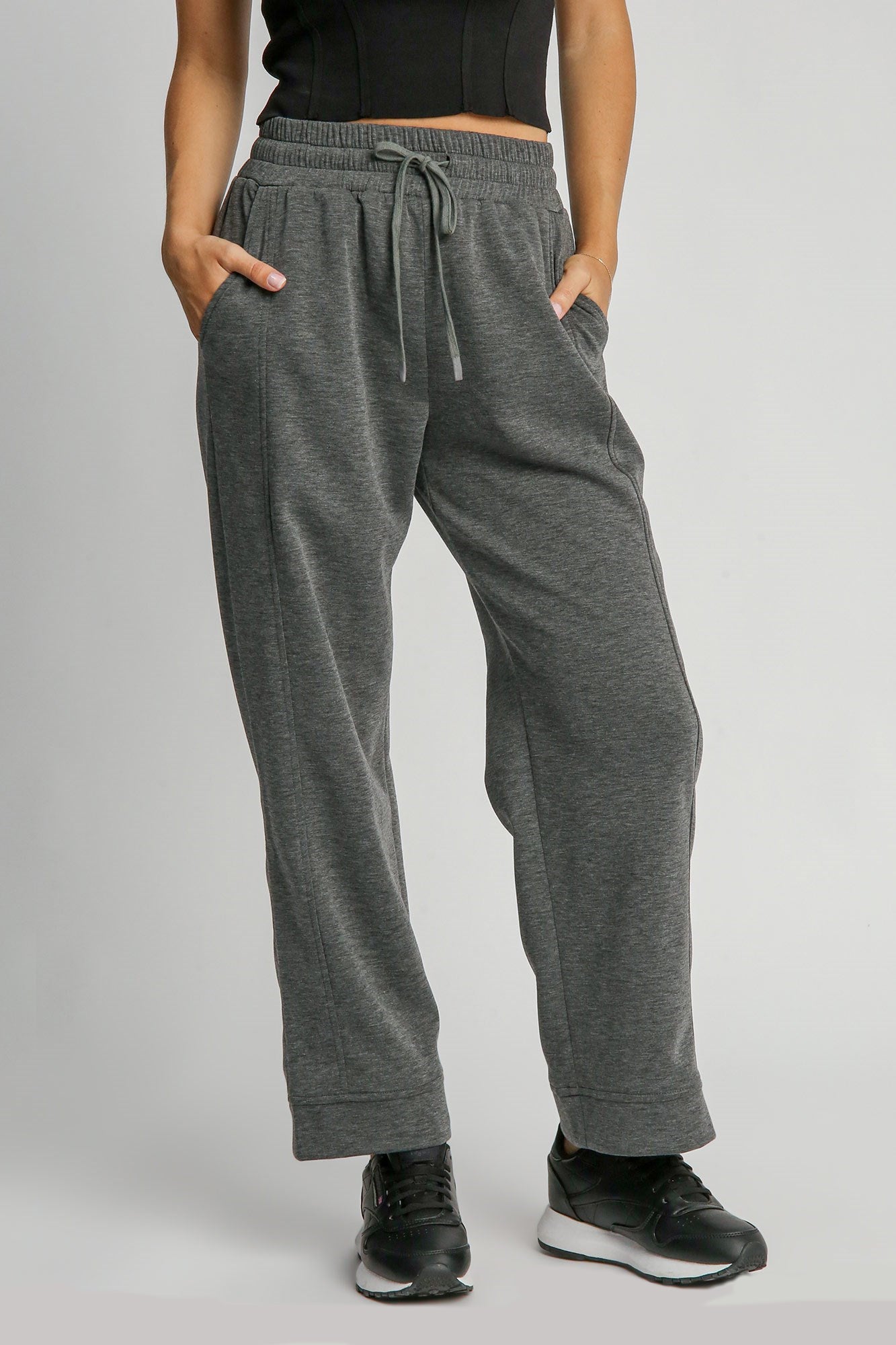 UMGEE - Dark Gray Drawstring Waist Wide Leg Athleisure Pants