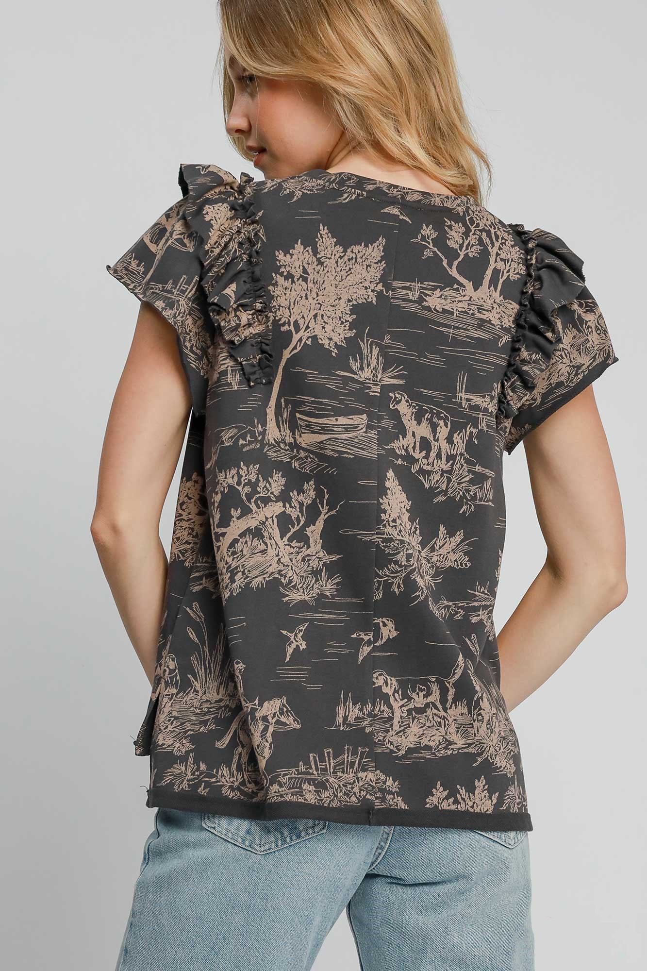 UMGEE - Dark Gray Ruffled Short Sleeve French Terry Top