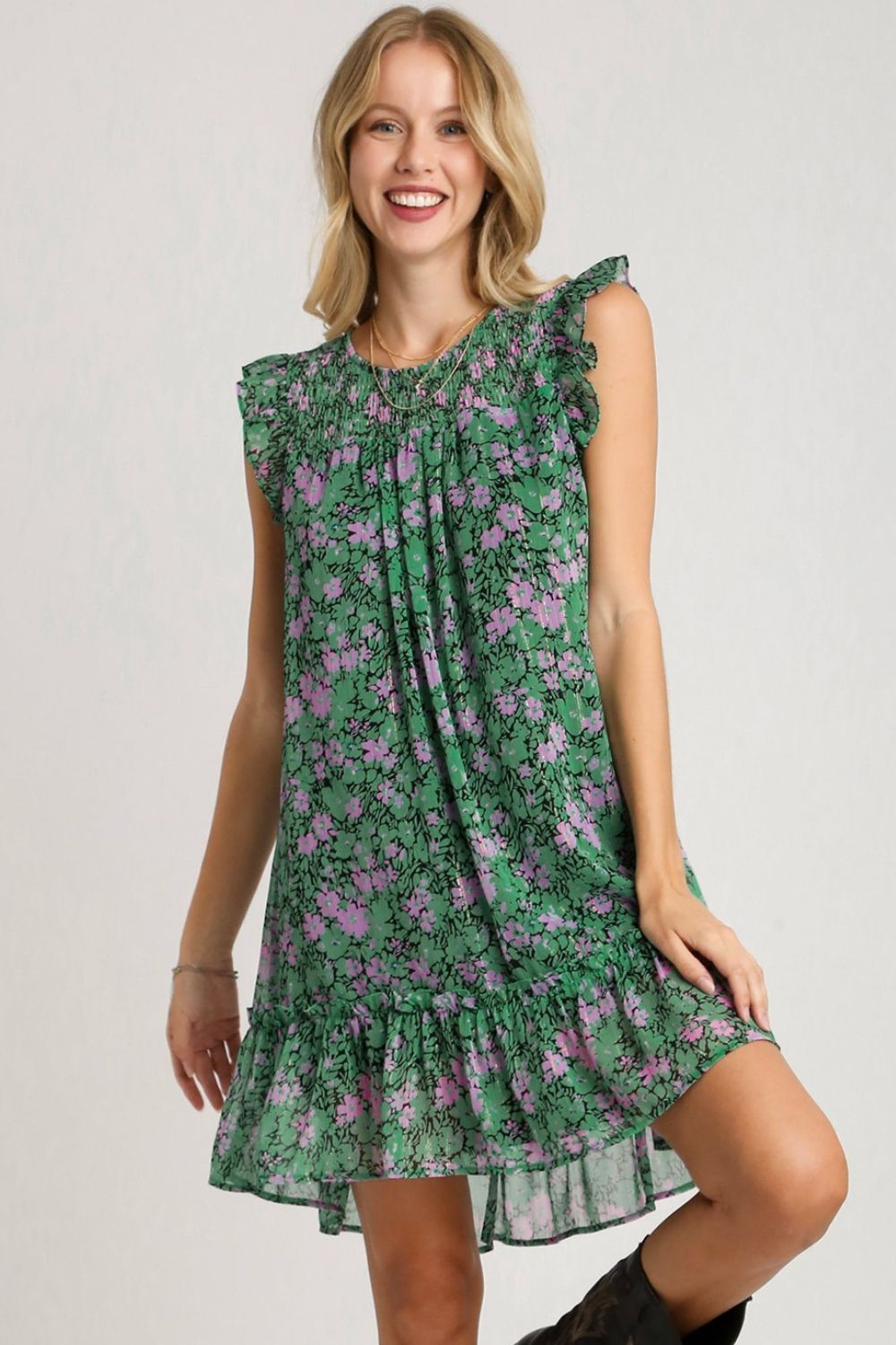 UMGEE - Dark Green Floral Ruffle Cap Sleeve Mini Dress