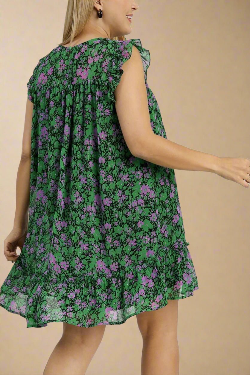 UMGEE - Dark Green Floral Ruffle Cap Sleeve Mini Dress