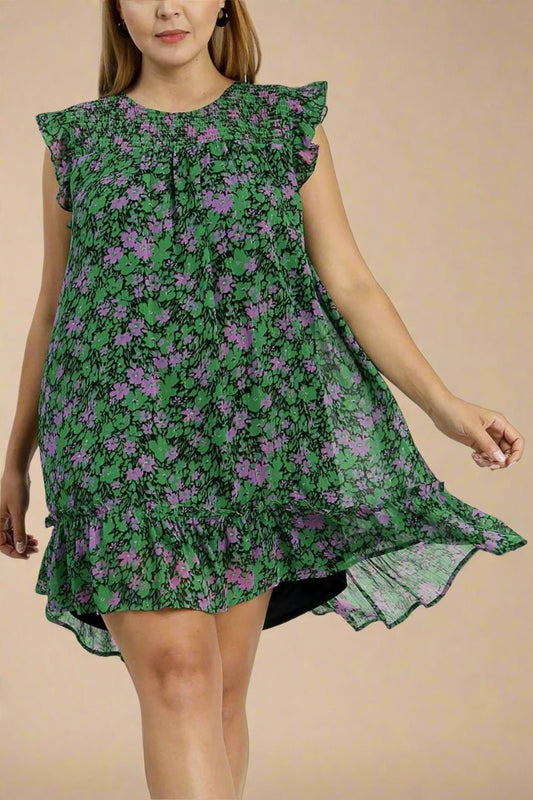 UMGEE - Dark Green Floral Ruffle Cap Sleeve Mini Dress