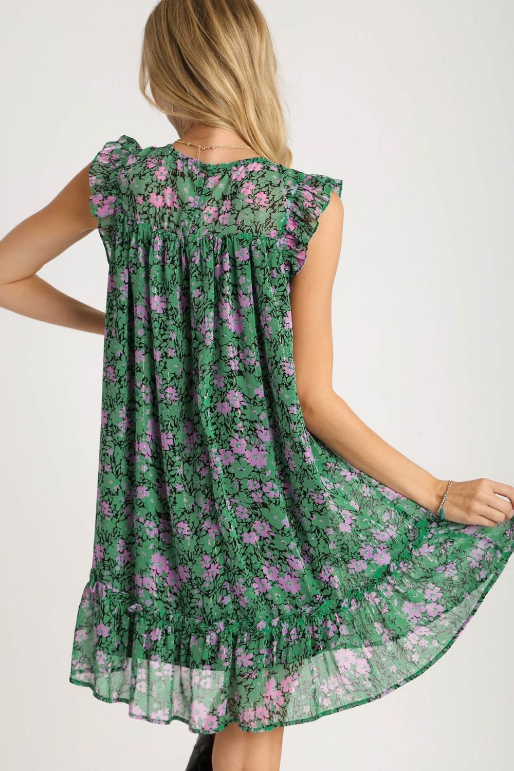 UMGEE - Dark Green Floral Ruffle Cap Sleeve Mini Dress