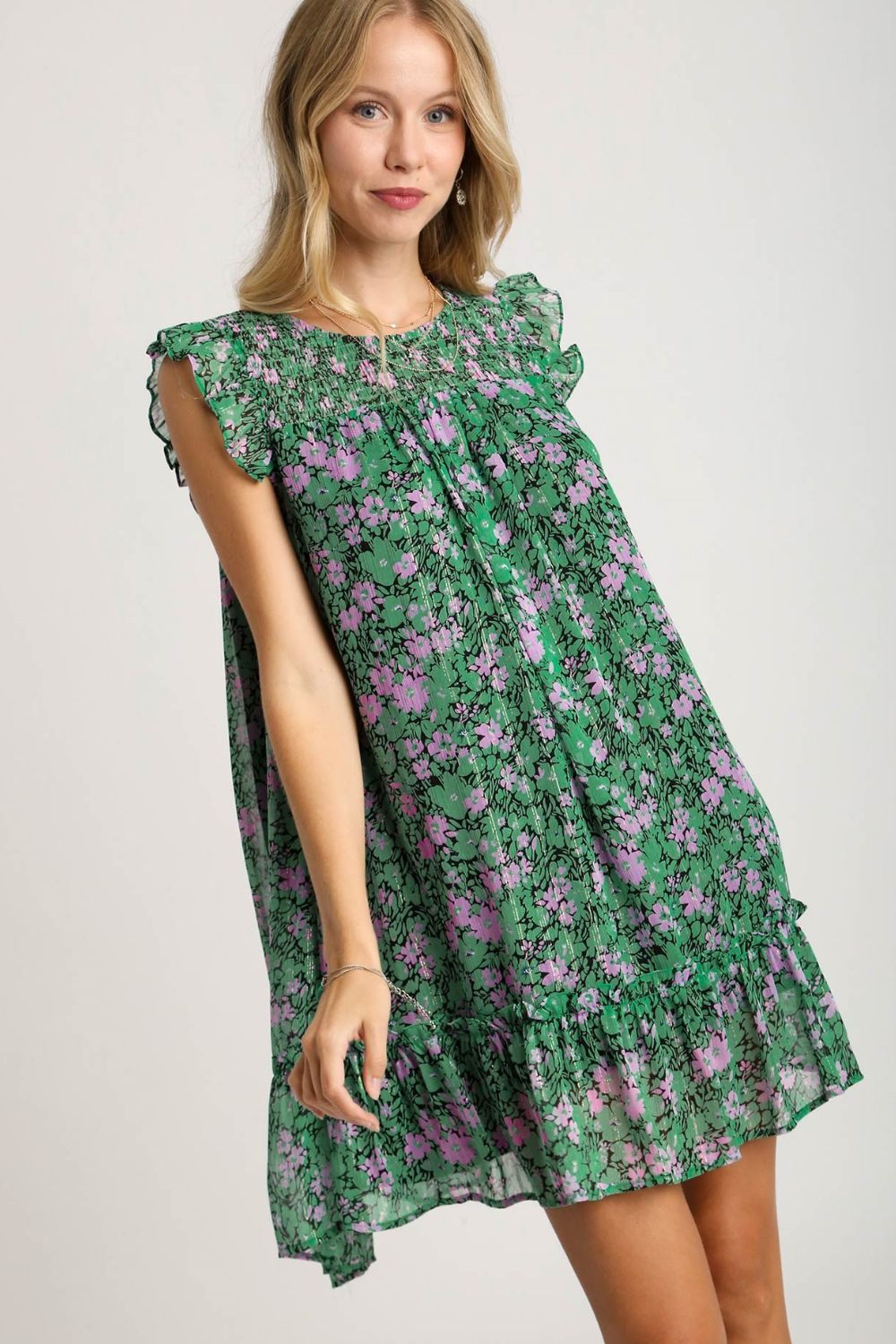 UMGEE - Dark Green Floral Ruffle Cap Sleeve Mini Dress