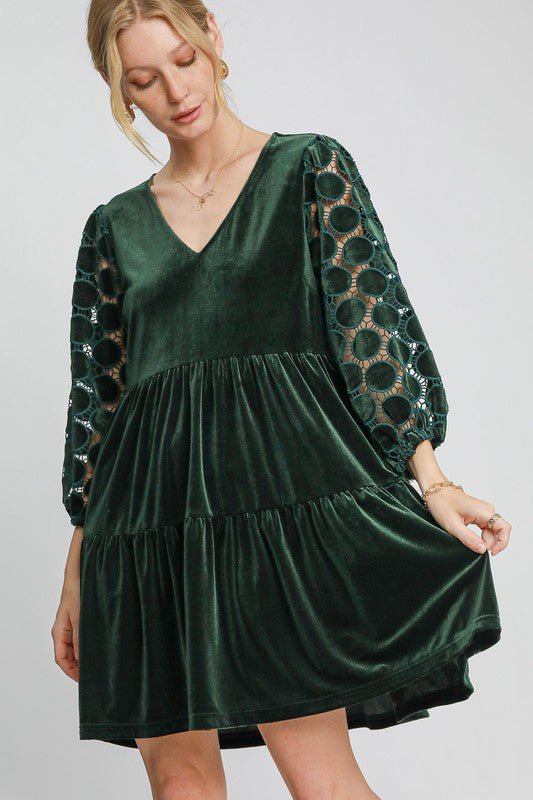 UMGEE - Dark Green Polka Dot Lace Sleeve Tiered Velvet Mini Dress